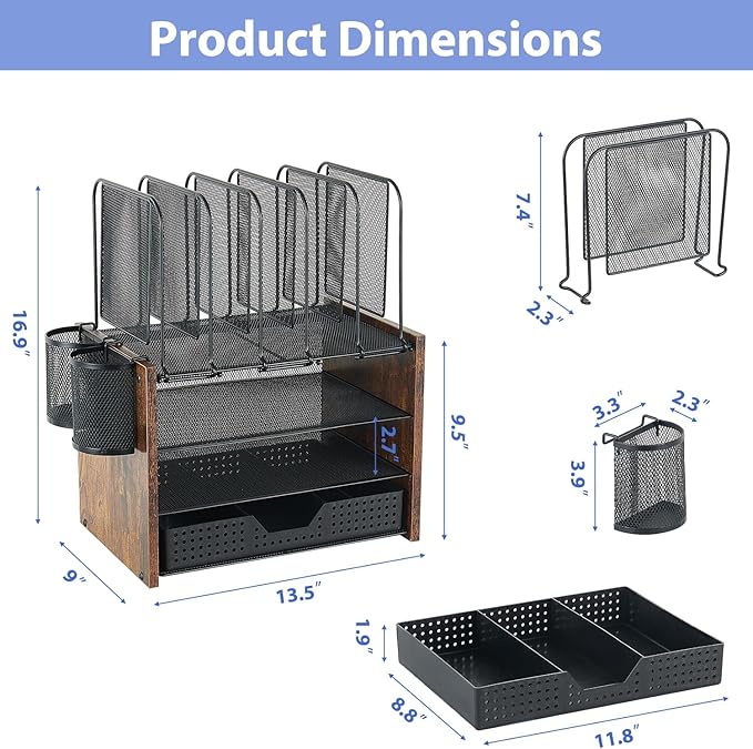 AUPSEN Desk Organizer with 5 Vertical File Holders, Storage Drawer & 2 Pen Holders, 5 Trays Paper Letter Tray Organizer, Mesh Desk Organizers and Accessories for Home Office (Black)