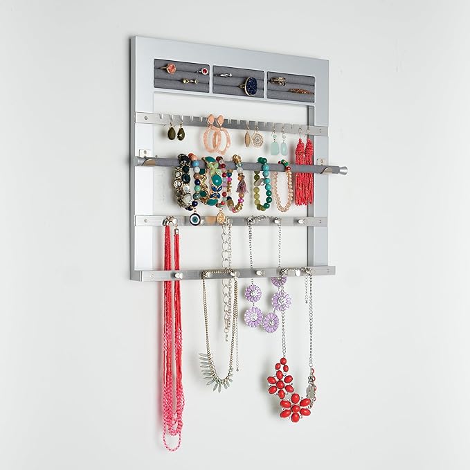 Hives and Honey Tori Wall Hanging Jewelry Rack – Wall-Mounted Organizer with Ring Rolls, Earring Slots, Bracelet Bar & Necklace Hooks, Anti-Tarnish Linen, Silver