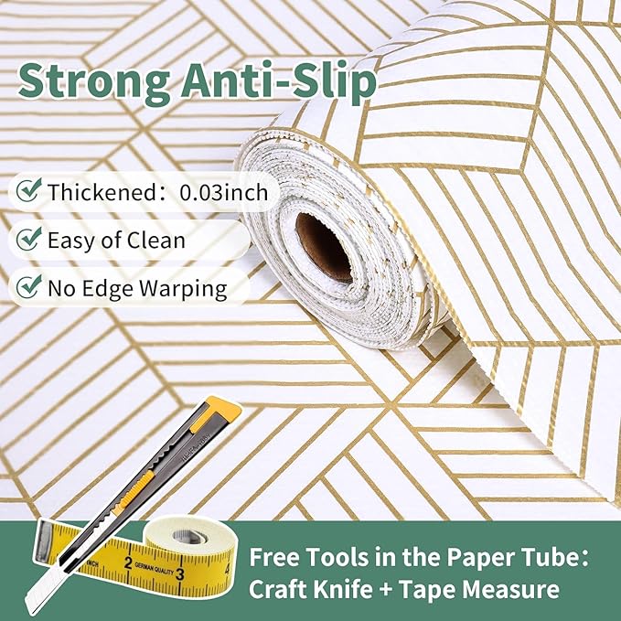 Shelf Liners for Kitchen Cabinets 23.6 in x 20 FT, Non Adhesive Cabinet Liner Strong Non-Slip Thickened Gold Geometric Drawer Liner, Easy to Clean for Shelf …