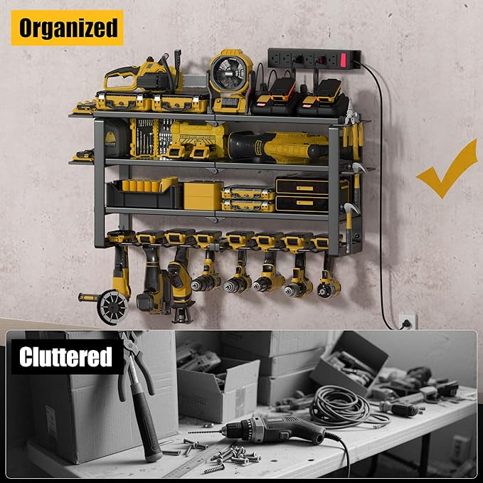 Large Power Tool Organizer Wall Mount, 4-Tier Rack with Charging Station & 8 Drill Holders, Garage Workshop Tool Storage, Gift for Husband/Dad