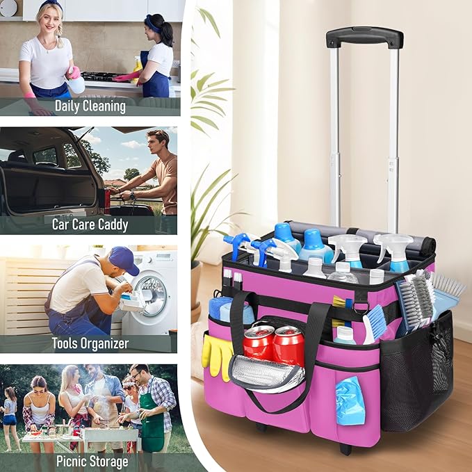 Ytonet Cleaning Caddy with Wheels, Large Rolling Caddy Bag with Detachable Trolley for Housekeepers, Water Resistant Cleaning Cart Supplies Organizer for Home, Car, Tool Organizer, Mobile Storage