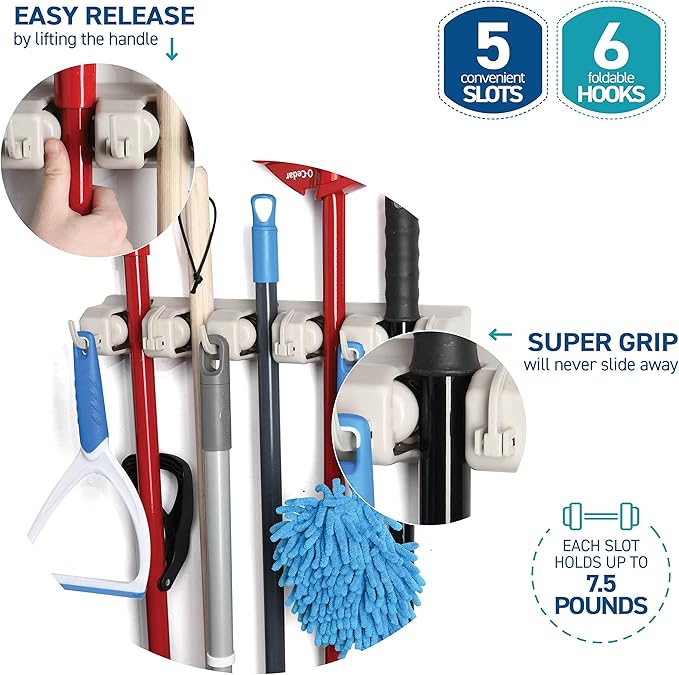 HOME IT Mop And Broom Holder Wall Mount - Garage Storage Systems with 5 Slots, 6 Hooks, 7.5lbs Capacity Per Slot - Garden Tool Organizer For Home, Kitchen, Closet, Garage, Laundry Room - Off-White