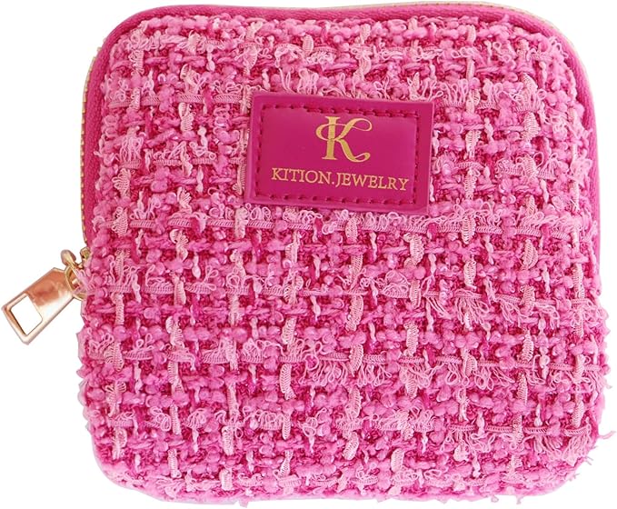 Travel Jewelry Organizer, Tweed Square Bag with 6 Compartments, Pink Zippered Case for Necklaces and Bracelets, Protective Storage Pouch (Hot Pink)
