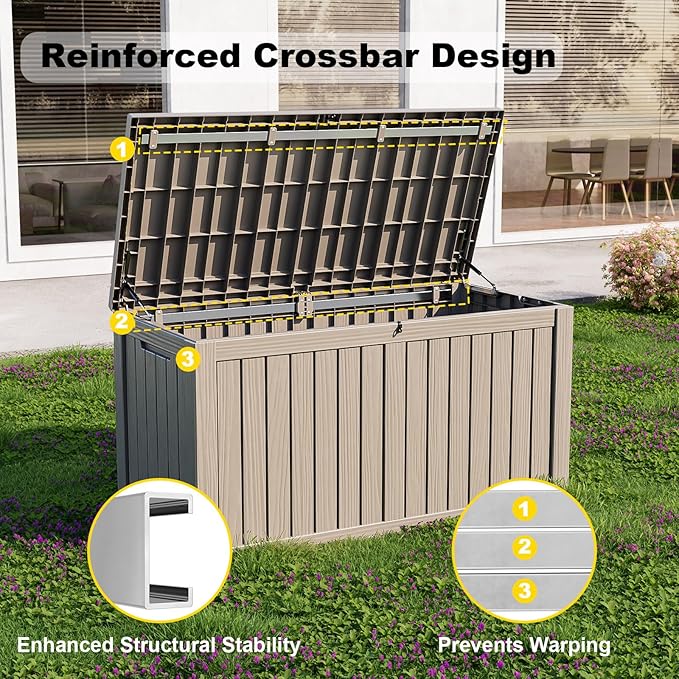 180 Gallon Outdoor Deck Box,Waterproof Resin Outdoor Storage Boxes, Outside Storage Lockable Container for Garden Tools,Indooor Cushions,Accessories (Grey)