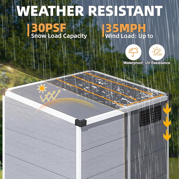 MELLCOM 5 x 4 FT Outdoor Storage Tool Shed with Windows and Lockable Door, Resin Outdoor Storage Shed with Floor, Resin Garden Shed for Garbage Can, Lawnmower, Bike