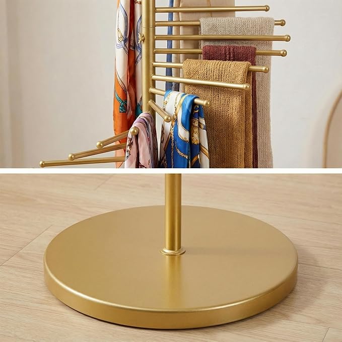 Multi-functional spiral organizer, free-standing design with 30 rods. Ideal for storing multiple scarves, hijabs, and clothes while saving space (42x170cm/17x67in). (gold)