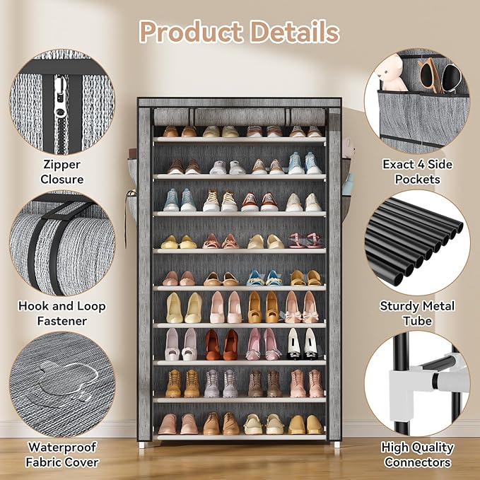 Shoe Rack with Covers 10 Tier Tall Shoe Rack Organizer Large Capacity Shoe Shelf Storage 40 Pairs Space Saving Free Standing Shoe Storage Organizer for Closet, Entryway, Dorm, Printing