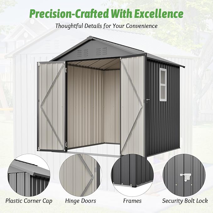 6x6 FT Outdoor Storage Shed with Lockable Doors & Sloping Roof & Clear Window, Galvanized Steel Metal Garden Tool Shed for Backyard, Patio, Poolside