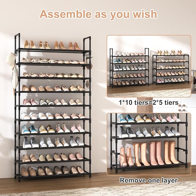 VTRIN 10 Tier Shoe Rack Tall Large Capacity 50 Pair Wide Shoe Organizer with Two Hooks Sturdy Metal Shoe Shelf for Entryway, Closet, Bedroom