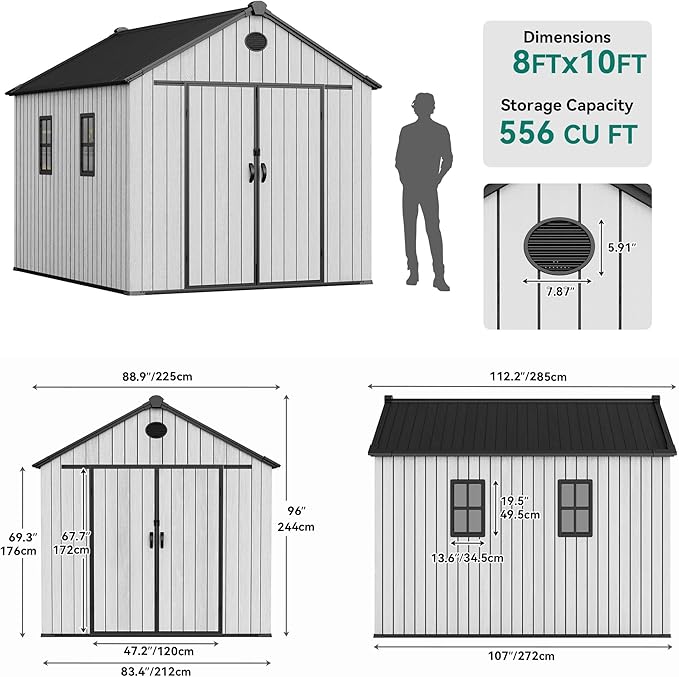 YITAHOME 8x10 FT Outdoor Storage Shed with 2 Vision Windows, Extra Thick Plastic Garden Shed, Waterproof Heavy Duty Resin Shed with Floor, Vents & Lockable Doors for Patio, Bikes Tools Supplies, Gray