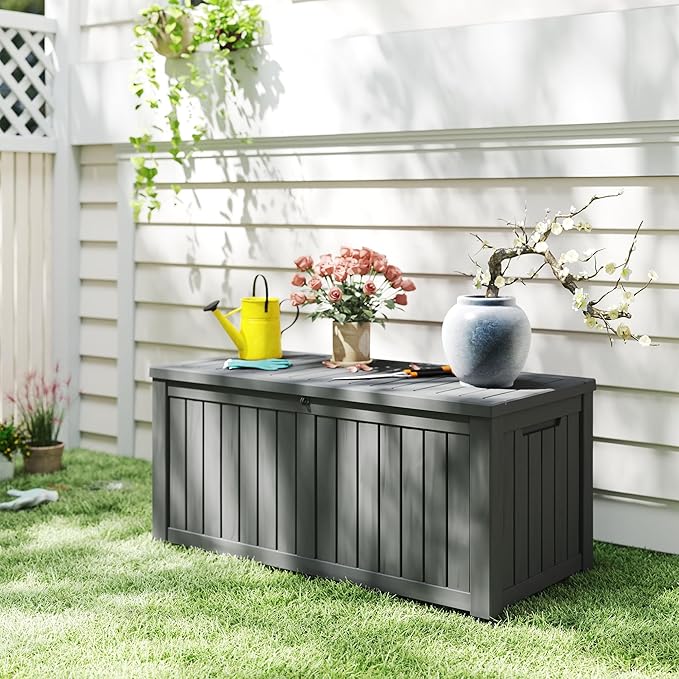 Outdoor Storage Box 150GAL Waterproof Resin Deck Box,UV-Resistant Lockable Package Delivery Bin for Garden Tools,Large Patio Outside Cushions,Pool Accessories Supplies,Chest,Furniture,Black