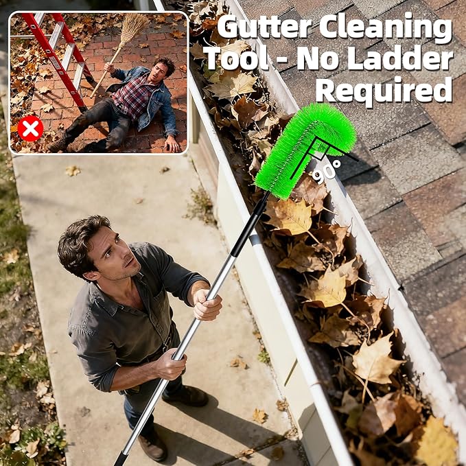 13FT Gutter Cleaner Tools, Long-Reach Rain Gutter Cleaning Brush, Removes Leaf Debris from Roof Gutters Without a Ladder, Leaf Cleaning Kit with 2 Brushes and Storage Bag, Green