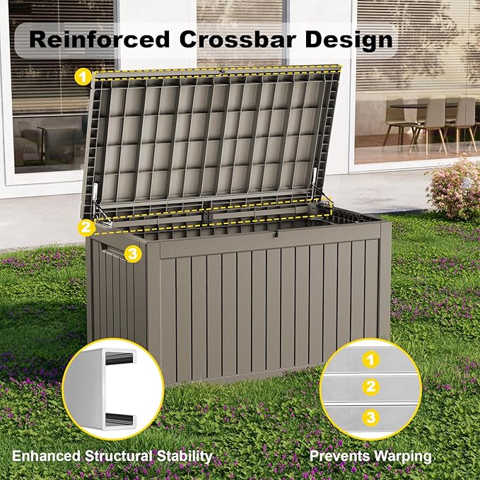 ROJIK Outdoor Storage Housing Deck Box - Waterproof Patio Furniture, Garden Tools, Cushions, Pool Accessories Storage Bench with Lockable Lid and Side Handles (Grey 238 Gal)