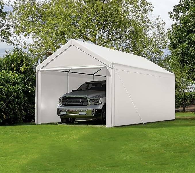 Carport 10x20 Ft Heavy Duty Canopy Steel Canopy Storage Shed,Portable Party Tent,Portable Garage with Removable Sidewalls & Doors All-Season Tarp for Carport Floor Fixing (White)