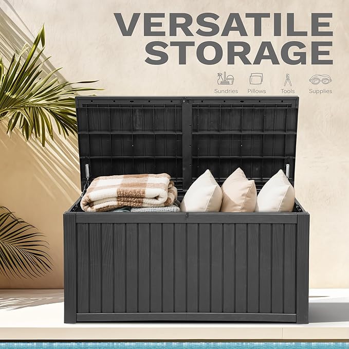 DWVO 180 Gallon Extra-Large Patio Deck Box, Waterproof Resin Outdoor Storage Box with Removable Divider for Patio, Garden, Pool, Furniture and Tools, Black