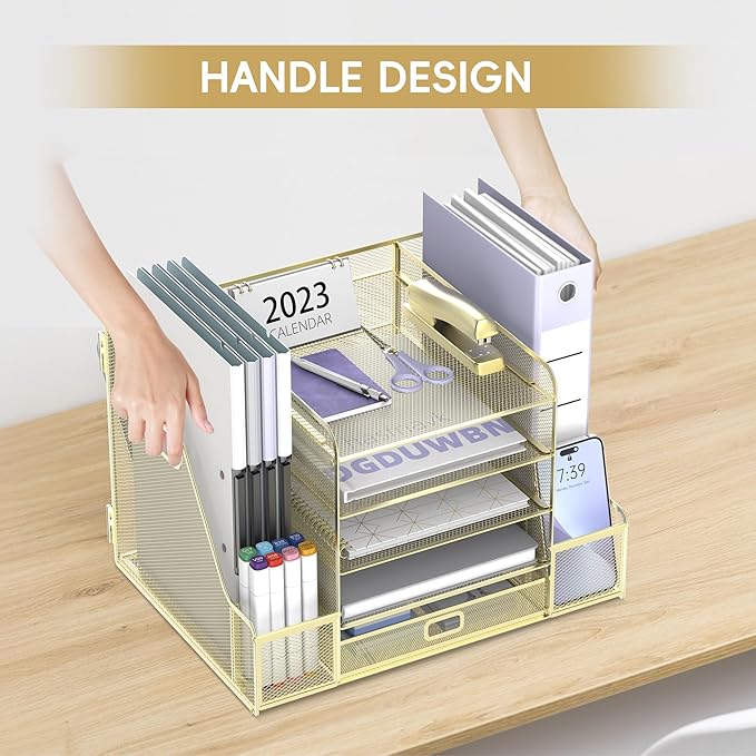 SUPEASY Mesh Desk Organizer with File Holder, 5-Tier Paper Letter Tray Organizer with Magazine Holder, Desktop Organizer and Storage with Drawer for Office Supplies Home or School (Golden)