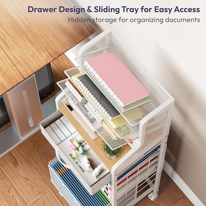 SWTYMIKI 10-Tier Rolling File Cart - Mesh Paper Organizer with Drawer and Hanging File Folders on Lockable Wheels, Rolling File Cabinet for Office Organization, Storage in Home, Studio, School, White
