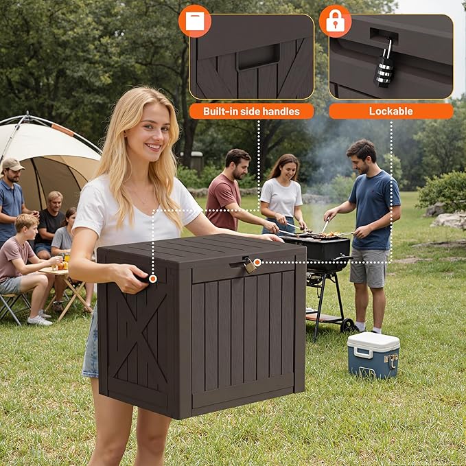42 Gallon Outdoor Storage Box, Lockable Resin Deck Box for Patio, Yard, and Poolside, Waterproof & Sunproof Organizer for Furniture, Tools, Pool Supplies, Brown