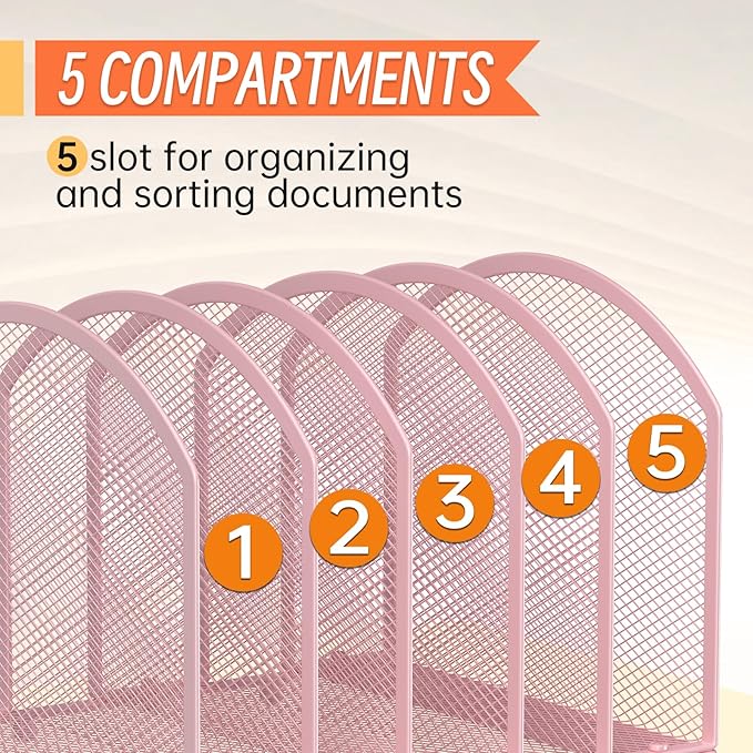 Desk File Organizer 5 Sections Desktop Organizer File Sorter Office Organization File Folder Holder for Office School & Classroom (Pink, 5 Section - 1Pack)