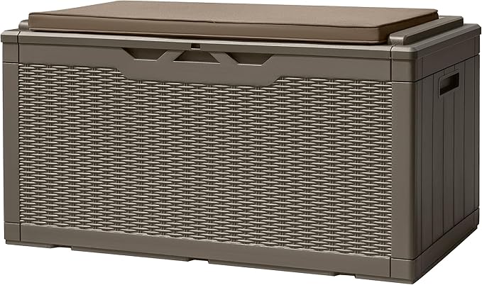 Devoko 100 Gallon Deck Box, Waterproof Resin Outdoor Storage Box with Cushion for Outside, Large Outdoor Storage Bench Cabinet Lockable for Patio Furniture and Garden Tools (Brown)