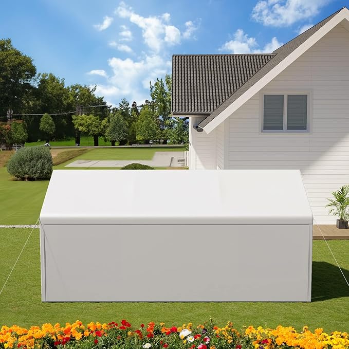 Carport 10x20 Ft Heavy Duty Canopy Steel Canopy Storage Shed,Portable Party Tent,Portable Garage with Removable Sidewalls & Doors All-Season Tarp for Carport Floor Fixing (White)