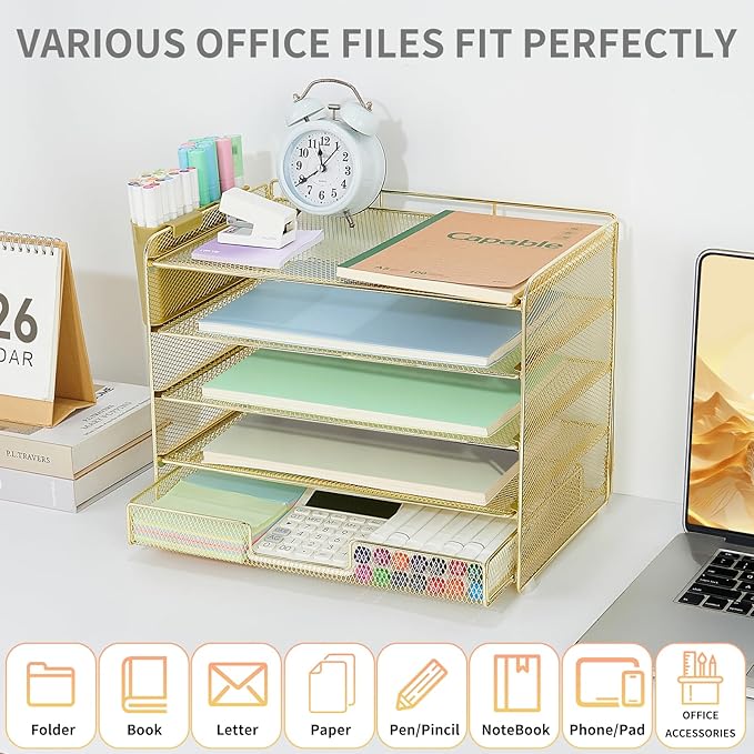 Desk Organizers and Accessories, 5-Tier Paper Letter Tray Organizer with Drawer & 2 Pen Holders, Desktop Organizer for Office Supplies (Gold)