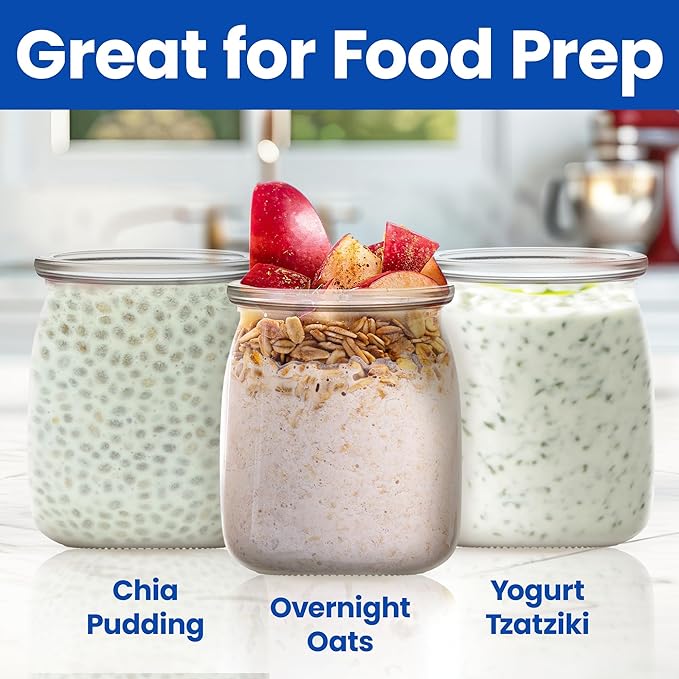 Ultimate Yogurt Jars - Make More Delicious Yogurt! 8 Count Small Glass Yogurt Cups With Lids - 100% BPA Free, Airtight & Dishwasher Safe! Perfect Containers for Yoghurt, Oatmeal, Pudding, or Jello