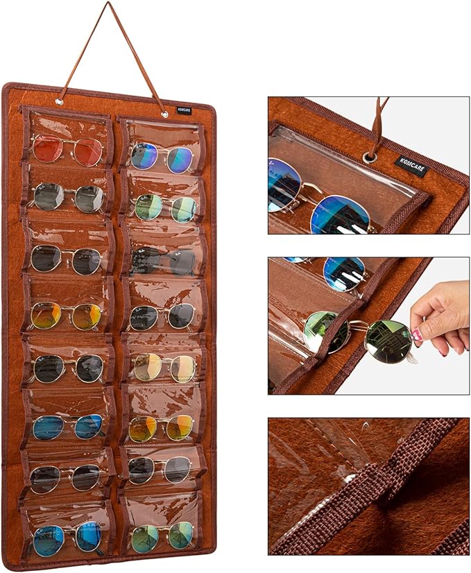 Sunglasses Organizer Storage - 16 Slots Glasses Storage Wall Pocket Display Hanging on Door, Eyewear Display, Dust-Proof (Brown, Dust-Proof)