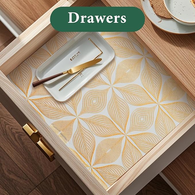 Drawer and Shelf Liner for Kitchen Cabinet: 23.6 in X 30 Ft Waterproof Shelf Paper Non Adhesive Refrigerator Liners Golden Leaf Easy Liners for Bathroom with Knife Tape Measure