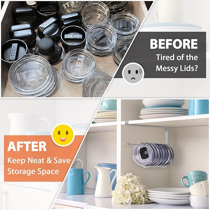 Tumbler Lid Organizer, Horizontal Tumbler Lid Storage Hook Up to 10 Lids, Space Saving Cup Lid Holders Under Cabinet Tumbler Lid Hook for Kitchen Organizer and Storage, Paper Towel Rack Hanger (Gray)