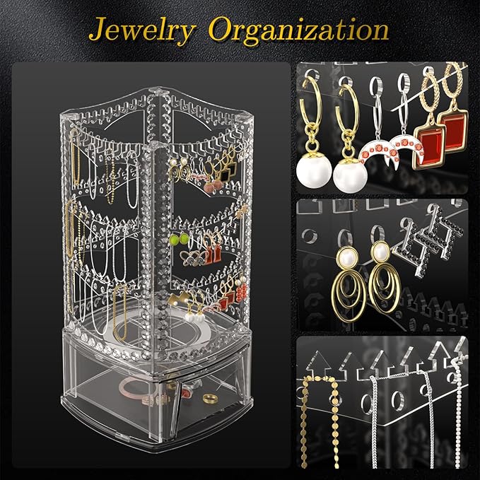 Hanging Jewelry Organizer with 10 Silver Polishing Cloths, Jewelry Holder with 156 Holes and 160 Grooves for Earring, Necklaces, Bracelet with Rotating Hanger, Easy Assembly (Clear)