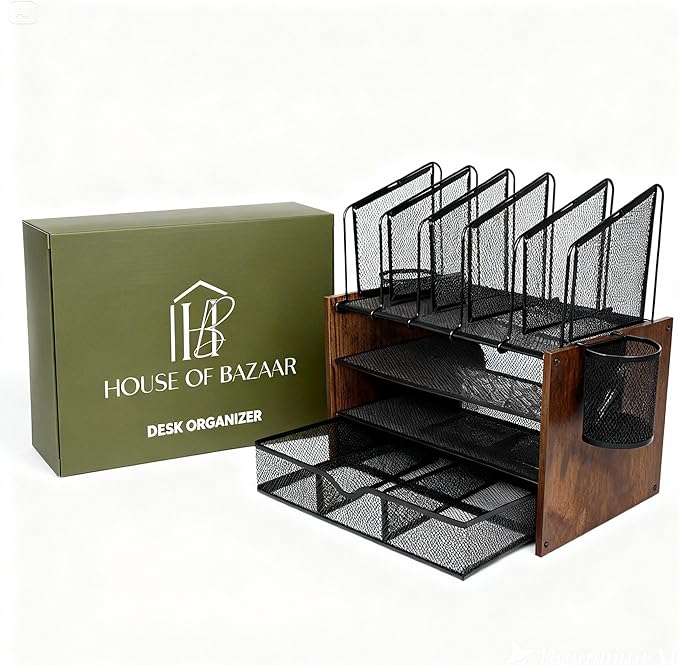 Wooden & Metal Desk Organizer – 4-Tier Vertical Desktop Storage with File Trays, Pen Holder & Drawer – Space-Saving Office & Home Workspace Organizer