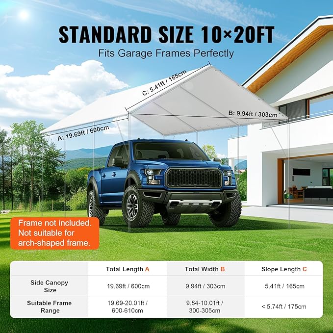 VEVOR 10x20' Canopy Replacement Cover Heavy Duty, Carport Garage Top Tent Shelter Tarp Waterproof & UV Protected, Easy Installation with 40 Free Ball Bungeess(Only Cover, Frame Not Include)