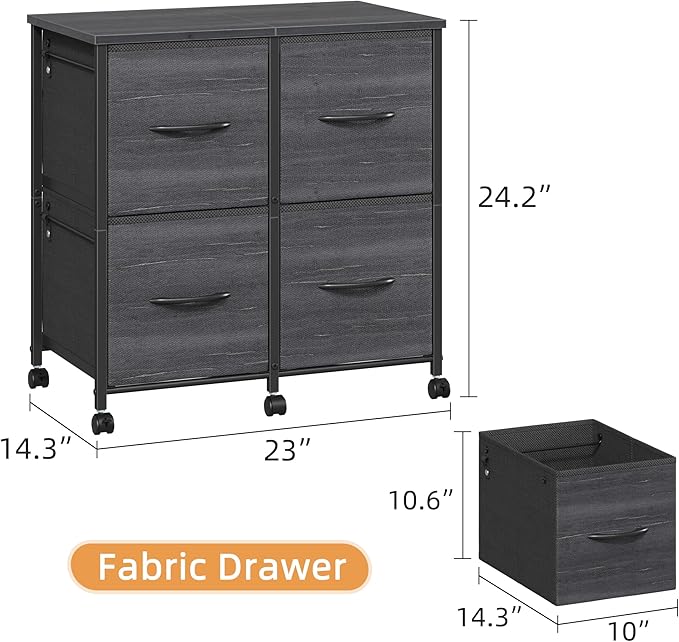 4 Drawer Lateral File Cabinet, Mobile Filing Cabinet for Large Printer, Home Office Functional Small Office Storage Cabinet & Printer Stand, Fits Letter/A4, Charcoal Black Grain Print
