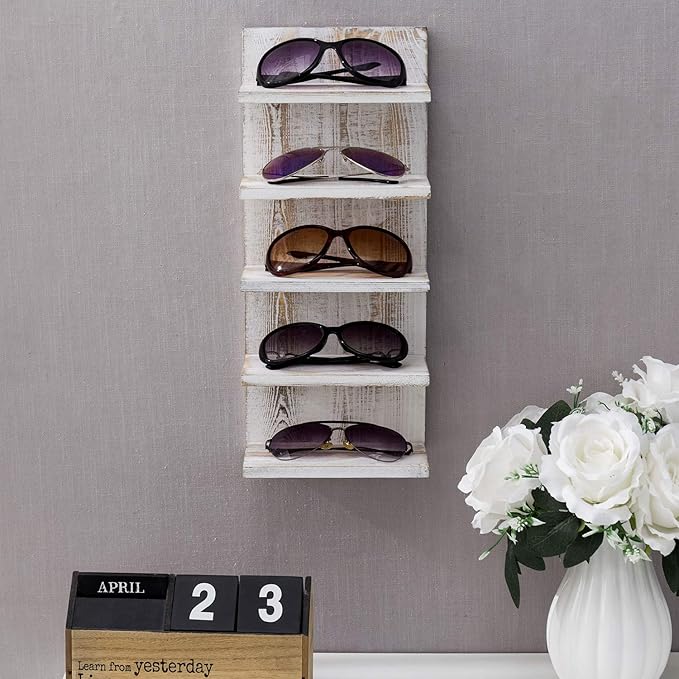 MyGift 5-Tier Vintage Whitewashed Wood Sunglasses Holder for Home Wall Organizer and Retail Display Case