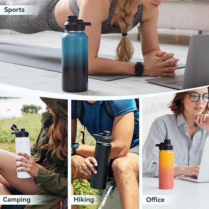 32 oz Insulated Water Bottle with Handle, 304 Stainless Steel Water Bottles with Wide Mouth, Double Wall Vacuum Sports Water Bottle, BPA Free, Keep Cold and Hot, Blue&Black