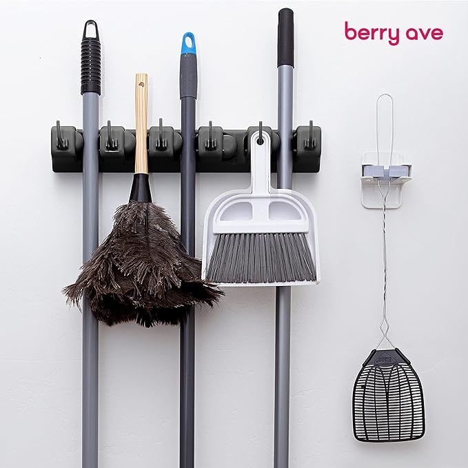 Berry Ave EXTRA GRIP Mop & Broom Holder Wall Mount – Wall Hanging Organizer for Garden Tools, Closet, and Utility Storage, Includes Hardware, Fits Standard Brooms & Mops