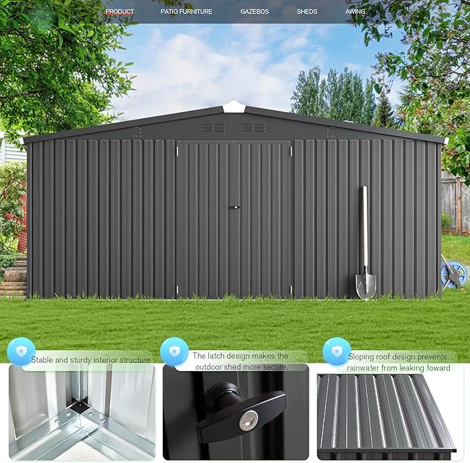 AECOJOY Shed 12' x 14' Storage Shed, Outdoor Metal Storage Sheds & Outdoor Storage 14x12 with Lockable Doors, Large Steel Yard Shed, Utility Tool Storage for Garden, Patio, Outside use in Dark Grey
