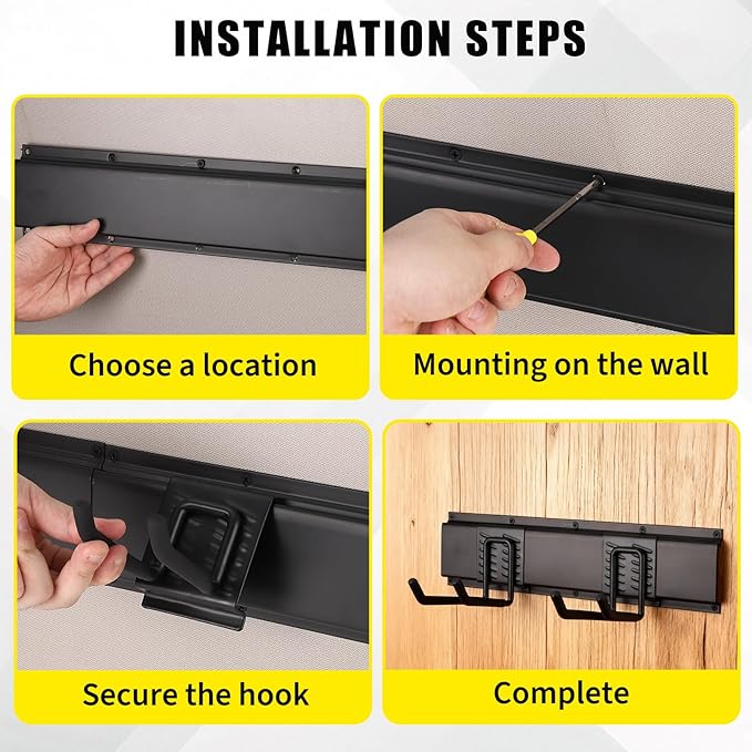 48" Garage Tool Organizer Wall Mount, Heavy-Duty Garden Tool Storage Organization System with 8 Adjustable Hooks & 2 Straps for Garage Basement Yard Shed (13 Pcs) Black