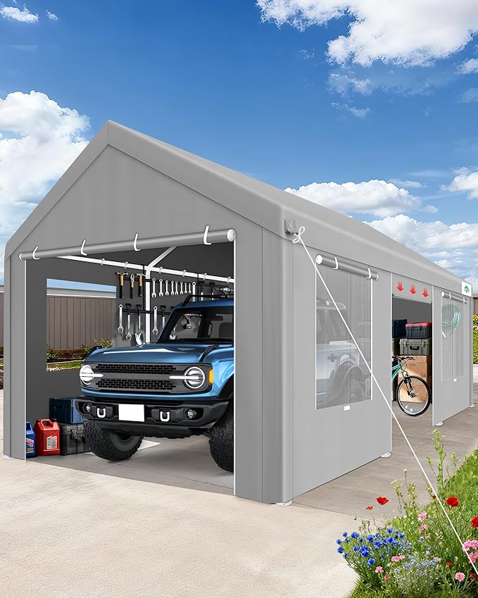 COBIZI Carport 12x20ft Heavy Duty Portable Garage, 2.0 Powder Coated Frame(Better Than Galvanized), Waterproof Shelter with Removable Sidewalls & Windows, Built-in Sandbags, for Car/Boat/SUV, Gray