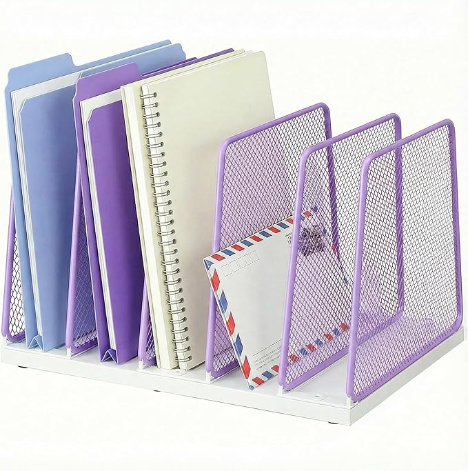 AUPSEN 5-Section Wooden Desktop File Organizer, File Sorter Storage Rack, Vertical File Holder for Office Supplies, Purple