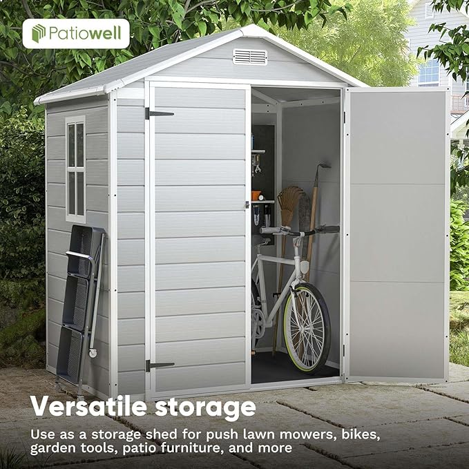 Patiowell 6x4 FT Resin Outdoor Storage Shed with Floor, Plastic Storage Shed with Lockable Door, Outside Shed Perfect to Store Patio Furniture, GardenTools Bike Accessories, Lawn Mower, Light Gray