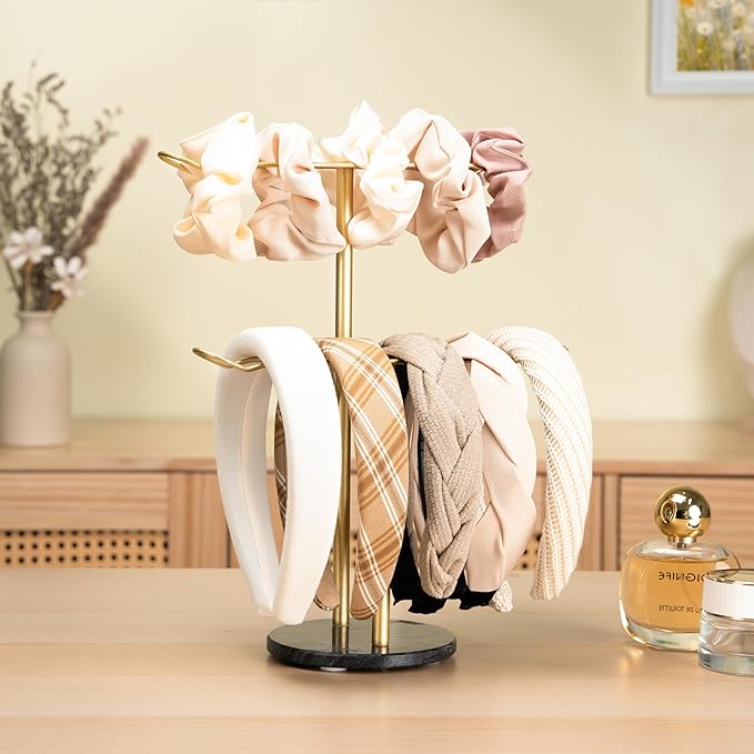 Headband Holder Organizer Two-Tier with Marble Base: Jewelry Display for Women, Hair Accessories Storage Stand Scrunchie Necklace rack for Girls, for Bathroom, Vanity, Dresser, Black and Gold