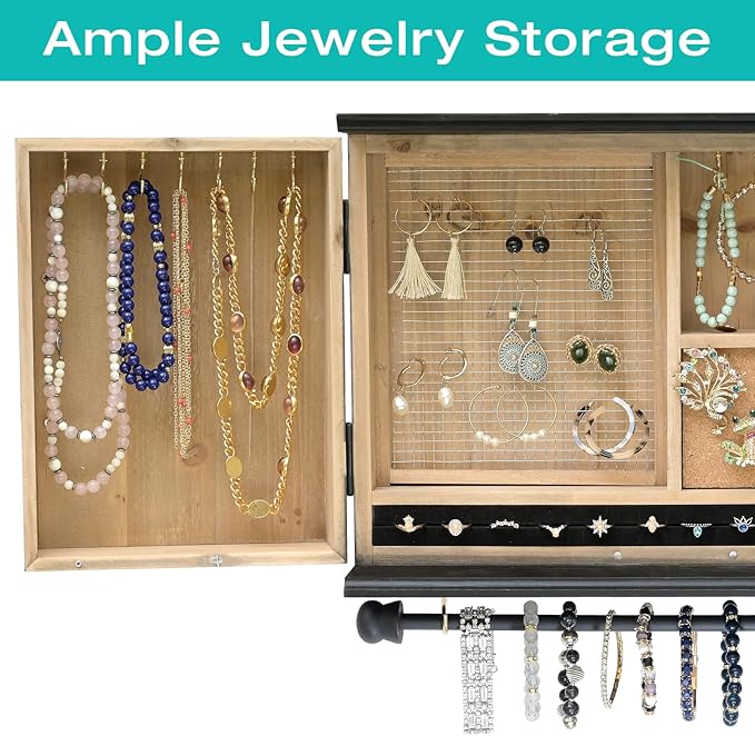 Wall Mounted Jewelry Organizer with Herringbone Wood Pattern. Jewelry holder for Necklaces, Earings, Bracelets, Ring Holder, and Accessories. Includes hooks for hanging jewelry - Black & Brown