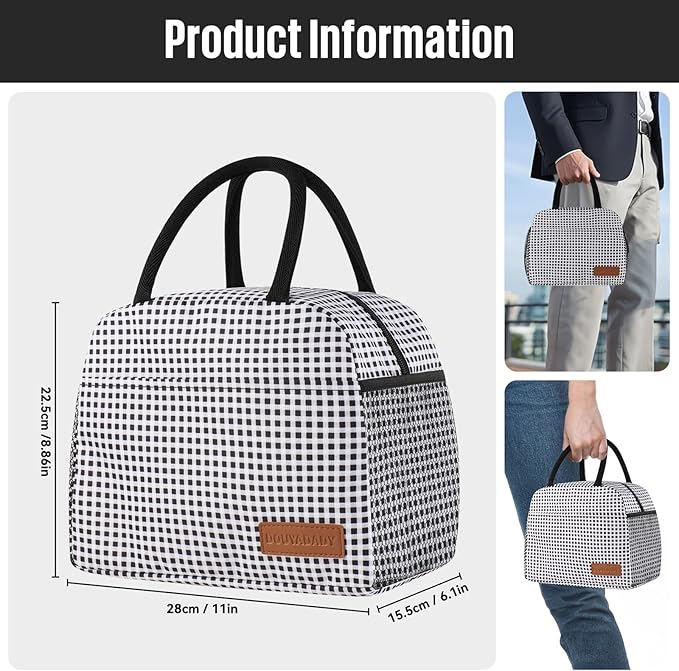 Lunch Bag Women/Men Lunch Box Women/Men (Black+White Grid)