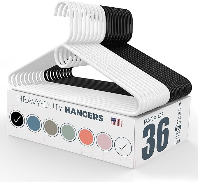 Neaties Heavy Duty Clothes Hangers 36 Pack – Made in The USA – 8lb Capacity Plastic Hangers for Adult Clothing – Durable for Pants, Coats, Jackets, or Jeans – White & Black