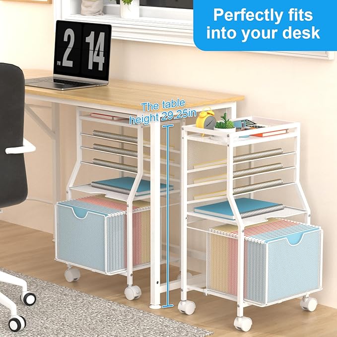 Rolling File Cart, 6-Tier Desk File Organizer on Lockable Wheels, White Wood Planks & Mesh Sliding Hanging Folder Drawer, Organization Cart for Office Home School