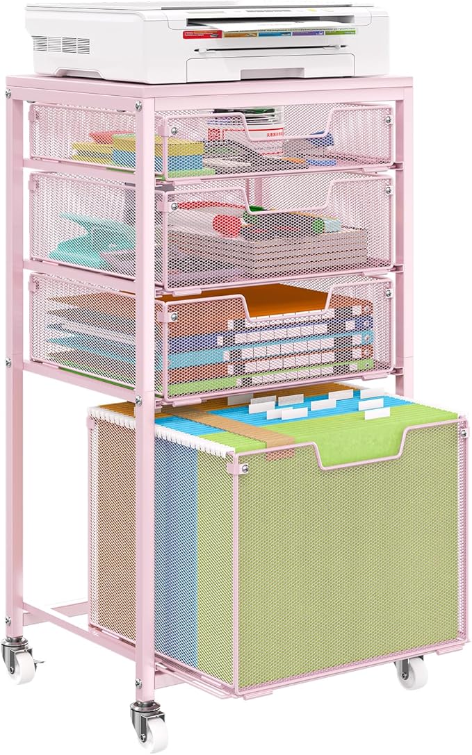 4 Drawer Rolling File Cart Under Desk Storage, File Cabinets for Home Office, Mobile Filing Cabinet, Hanging File Organizer with Wheels, Utility Cart Printer Stand, Pink
