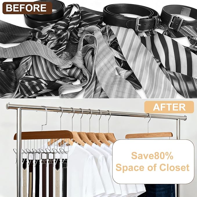 4 Pack Belt Hanger for Closet, Wooden Tie Rack Hangers for Men with 8 Hooks, Space Saving Tie Holder Organizer,Closet Storage for Ties,Belts,Bras,Scarves,Tank Tops