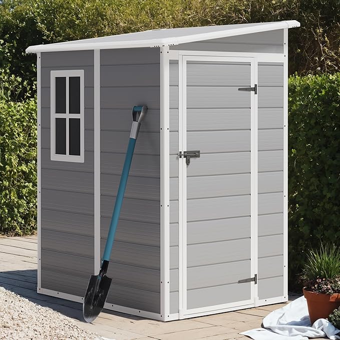 Greesum 5x4FT Plastic Outdoor Storage Shed, Resin Shed with Floor and Window, Tool Sheds with Lockable Door and Vent, for Garden, Garage, Lawn, Light Gray